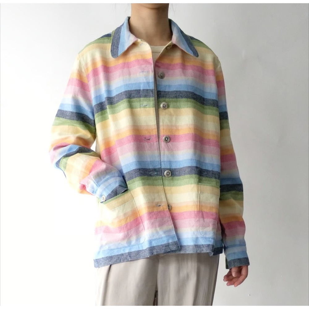 Retro Pastel Rainbow Strip Linen Blend Shirt Jacket 18 Pocket Festival Coachella
